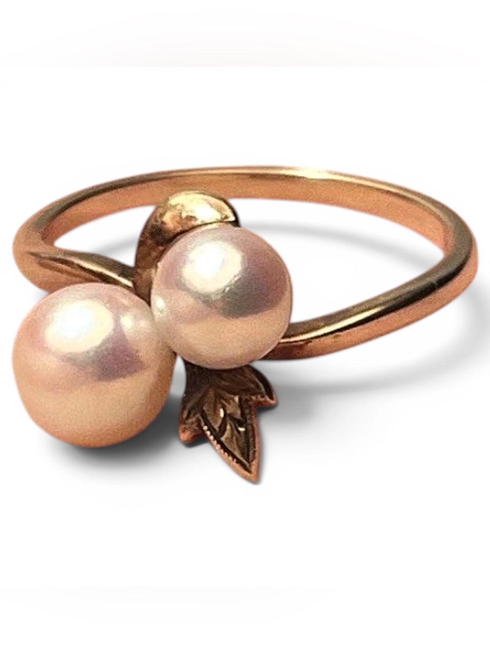 Vintage Mikimoto 14K Yellow Gold Double Akoya Pearl Grape Leaf Ring, 6.5